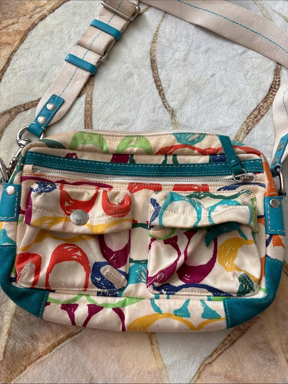 Coach Multicolor Canvas Crossbody with Teal Trim